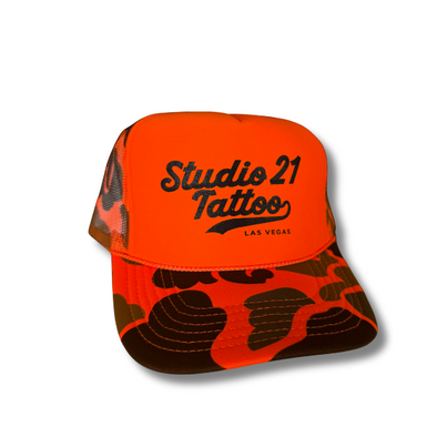 Orange Camo Studio 21 Tattoo Trucker Hat