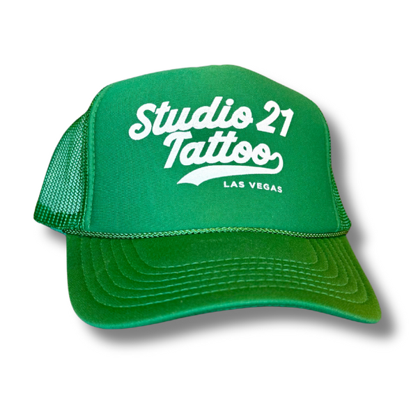 White on Green Studio 21 Tattoo Trucker Hat