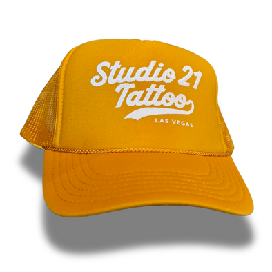White on Yellow Studio 21 Tattoo Trucker Hat