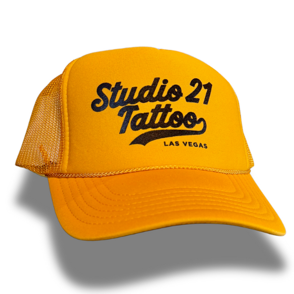 Black on Yellow Studio 21 Tattoo Trucker Hat