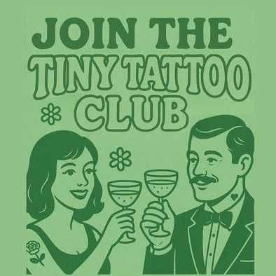 Promotional graphic for Studio 21 Tattoo in Las Vegas with a couple toasting on a green background.