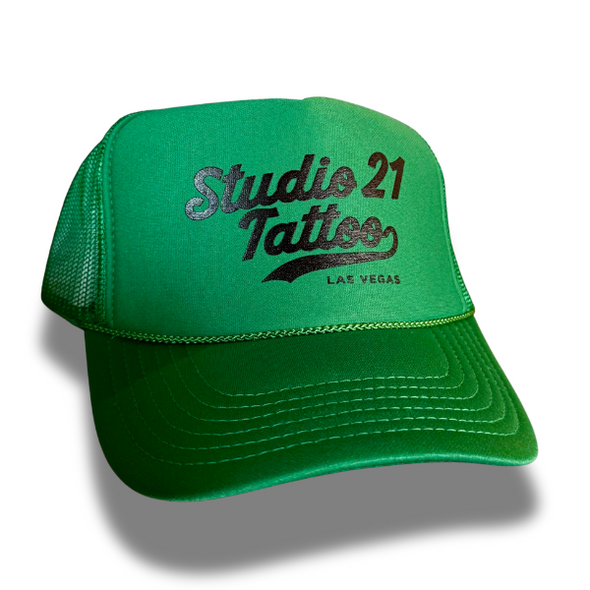 Black on Green Studio 21 Tattoo Trucker Hat