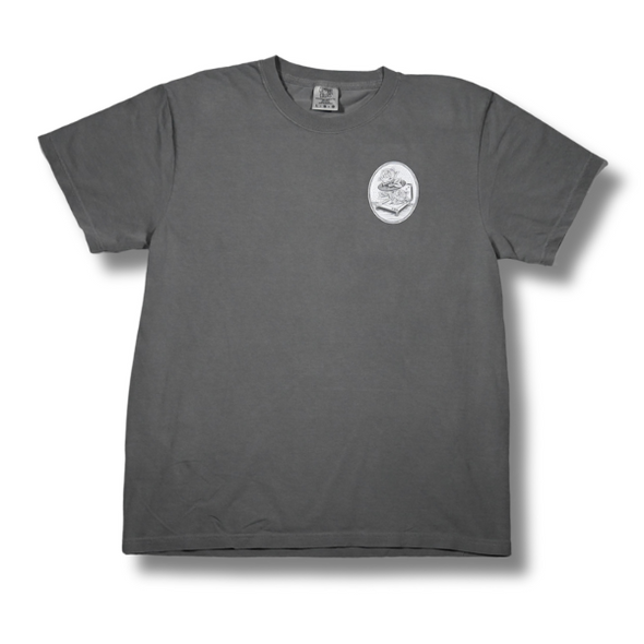 Studio 21 Tattoo Las Vegas NV Vino & Vinyl grey and white t-shirt with vino & vinyl graphic 