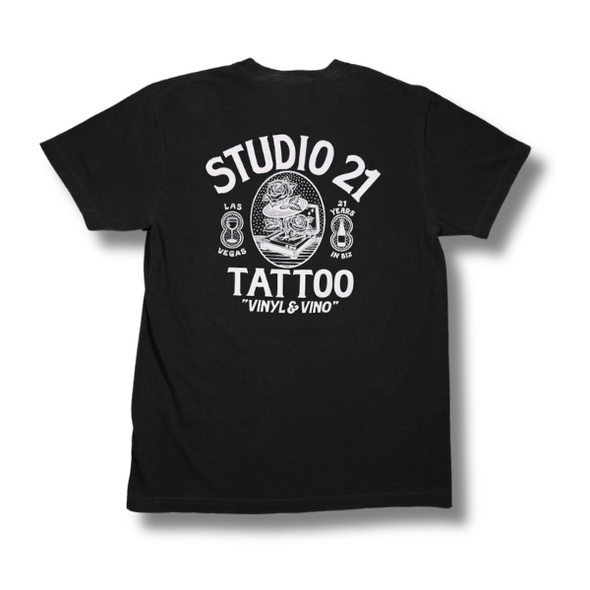 Studio 21 Tattoo Las Vegas NV Vino & Vinyl charcoal grey and white t-shirt with vino & vinyl graphic 