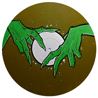 Studio 21 Tattoo Las Vegas NV Vino & Vinyl Record Art Show Hand Painted Record Green Hands Gold Background All Proceeds go to Charity 