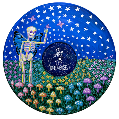 Studio 21 Tattoo Las Vegas NV Vino & Vinyl Record Art Show Hand Painted Record Skeleton with Butterfly Wings in Mushroom Flower Field with Stars  All Proceeds go to Charity 