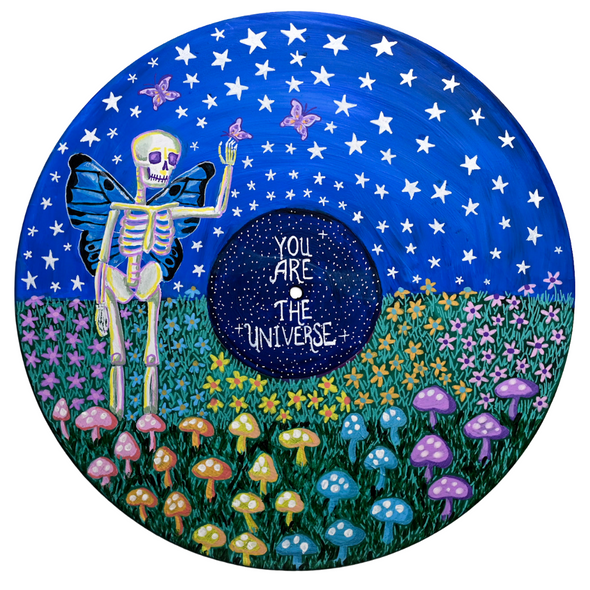 Studio 21 Tattoo Las Vegas NV Vino & Vinyl Record Art Show Hand Painted Record Skeleton with Butterfly Wings in Mushroom Flower Field with Stars  All Proceeds go to Charity 