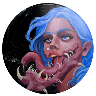 Studio 21 Tattoo Las Vegas NV Vino & Vinyl Record Art Show Hand Painted Record Women with Blue Hair and Monster Jaw All Proceeds go to Charity 