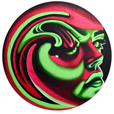 Studio 21 Tattoo Las Vegas NV Vino & Vinyl Record Art Show Hand Painted Record Glow in the dark green and pink morphed face All Proceeds go to Charity 