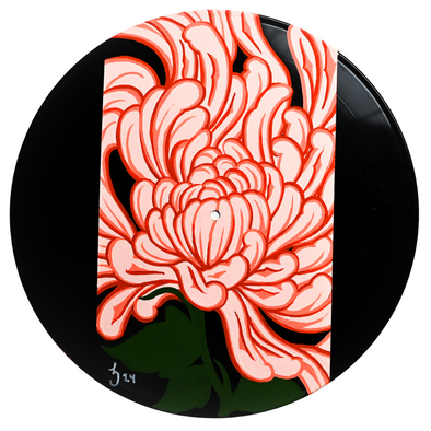 Studio 21 Tattoo Las Vegas NV Vino & Vinyl Record Art Show Hand Painted Record Pink Floral Design All Proceeds go to Charity 