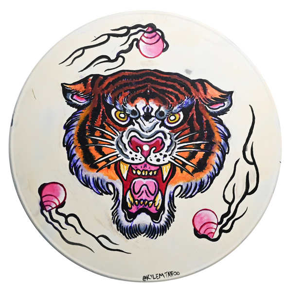 Studio 21 Tattoo Las Vegas NV Vino & Vinyl Record Art Show Hand Painted Record Tiger Face All Proceeds go to Charity 