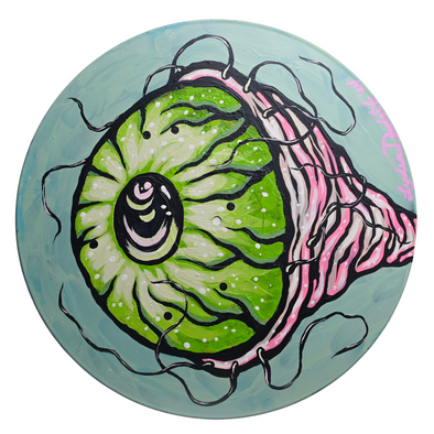 Studio 21 Tattoo Las Vegas NV Vino & Vinyl Record Art Show Hand Painted Record Eyeball All Proceeds go to Charity 