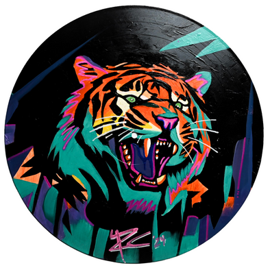 Studio 21 Tattoo Las Vegas NV Vino & Vinyl Record Art Show Hand Painted Record Tiger  All Proceeds go to Charity 