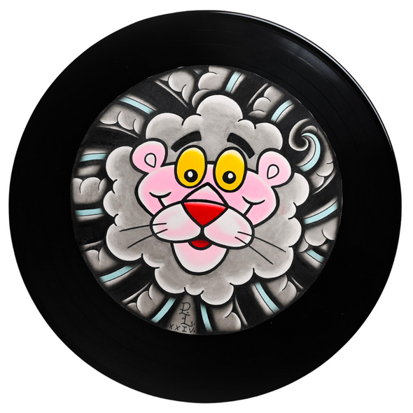 Studio 21 Tattoo Las Vegas NV Vino & Vinyl Record Art Show Hand Painted Record Pink Panther All Proceeds go to Charity 