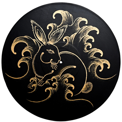 Studio 21 Tattoo Las Vegas NV Vino & Vinyl Record Art Show Hand Painted Record Gold Rabit All Proceeds go to Charity