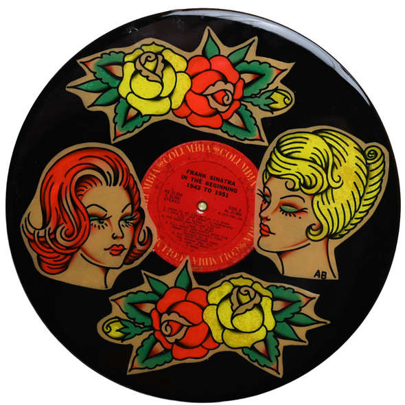 Studio 21 Tattoo Las Vegas NV Vino & Vinyl Record Art Show Hand Painted Record Neo Traditional Tattoo Flash All Proceeds go to Charity 