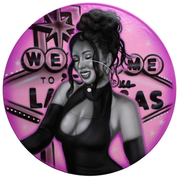 Studio 21 Tattoo Las Vegas NV Vino & Vinyl Record Art Show Hand Painted Record Las Vegas Girl All Proceeds go to Charity 