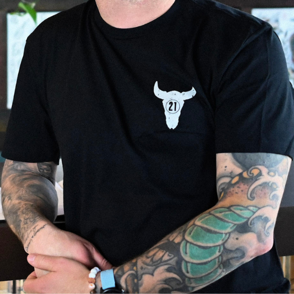 Studio 21 Tattoo Las Vegas NV Skull Rose Tattoo Black and white t-shirt with skull rose graphic 