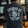 Studio 21 Tattoo Las Vegas NV Vino & Vinyl charcoal grey and white t-shirt with vino & vinyl graphic 