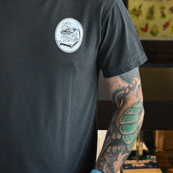 Studio 21 Tattoo Las Vegas NV Vino & Vinyl charcoal grey and white t-shirt with vino & vinyl graphic 