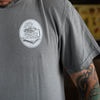 Studio 21 Tattoo Las Vegas NV Vino & Vinyl  grey and white t-shirt with vino & vinyl graphic 