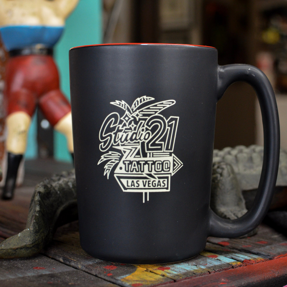 Studio 21 Tattoo Las Vegas NV Vintage Vegas Sign Black Coffee Mug