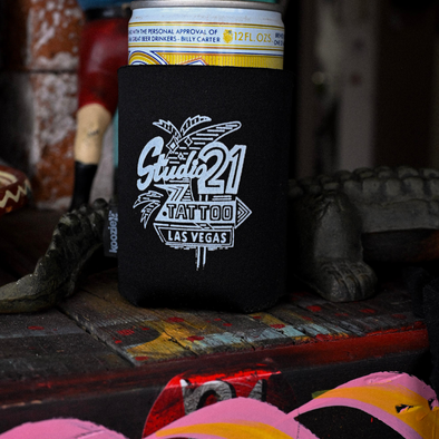 Studio 21 Tattoo Las Vegas NV Vintage Vegas Sign Koozie 