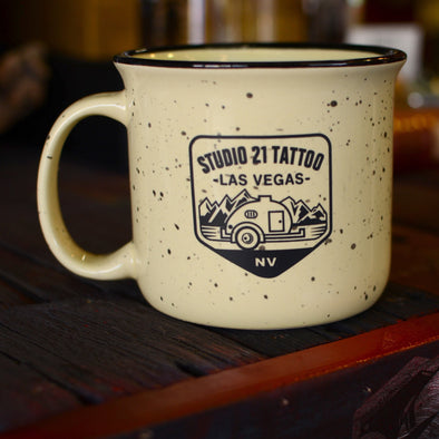 Studio 21 Tattoo Las Vegas NV Cream Speckle Vintage Camper Themed Tattoo Collectable Mug