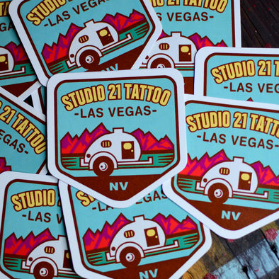 Studio 21 Tattoo Las Vegas NV Colorful Vintage Camper Themed Tattoo Sticker