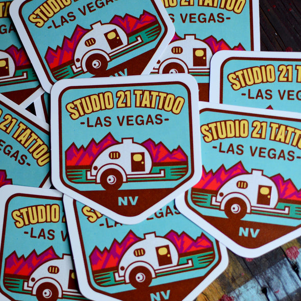 Studio 21 Tattoo Las Vegas NV Colorful Vintage Camper Themed Tattoo Sticker