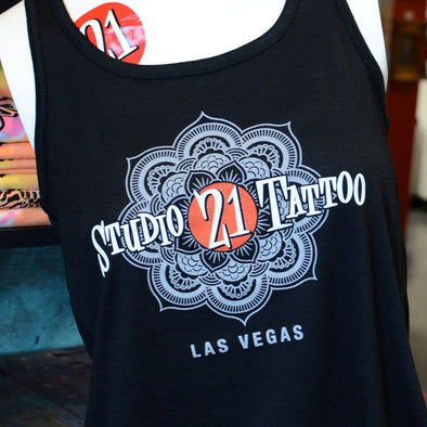 Studio 21 Tattoo Las Vegas NV  Mandala  Black Women's Tank with colorful studio 21 logo 