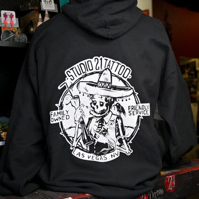 Studio 21 Tattoo Las Vegas NV Skelladude Black Hoodie with White Skelladude Studio 21 Tattoo graphic 