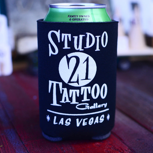 Studio 21 Tattoo Las Vegas NV Black Cactus Beer Koozie 