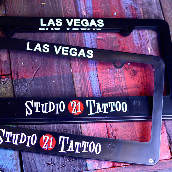 Studio 21 Tattoo Las Vegas NV Black  Studio 21 Tattoo logo License Plate Cover 