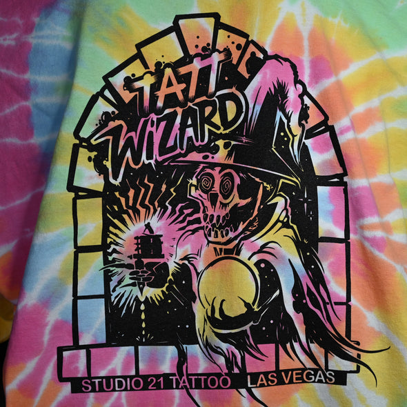 Studio 21 Tattoo Las Vegas NV Tatt Wizard Tie Dye T Shirt with Black Graphic 