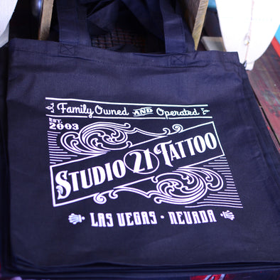 Studio 21 Tattoo Las Vegas NV Black Studio 21 Tattoo Logo Tote Bag 
