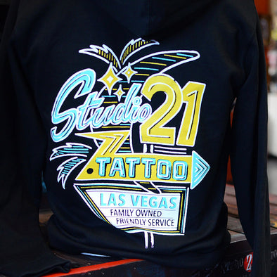 Studio 21 Tattoo Las Vegas NV  Vintage Vegas Sign Black Hoodie with colorful studio 21 logo 