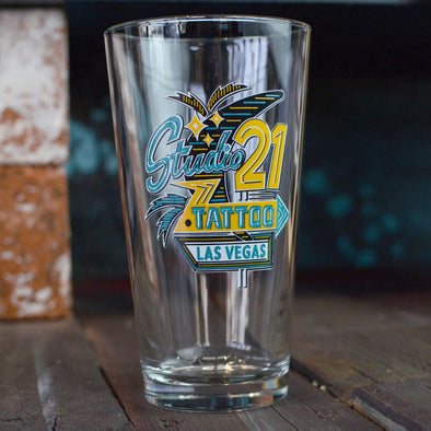 Studio 21 Tattoo Las Vegas NV Vintage Vegas Sign Pint Glass 