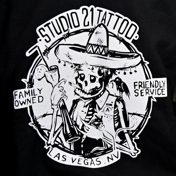 Studio 21 Tattoo Las Vegas NV Skelladude Black Hoodie with White Skelladude Studio 21 Tattoo graphic 