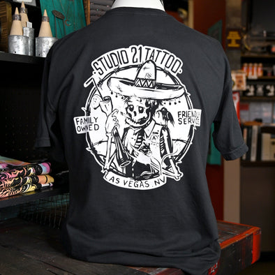 Studio 21 Tattoo Las Vegas NV Skelladude Black T Shirt with White Skelladude Studio 21 Tattoo graphic 